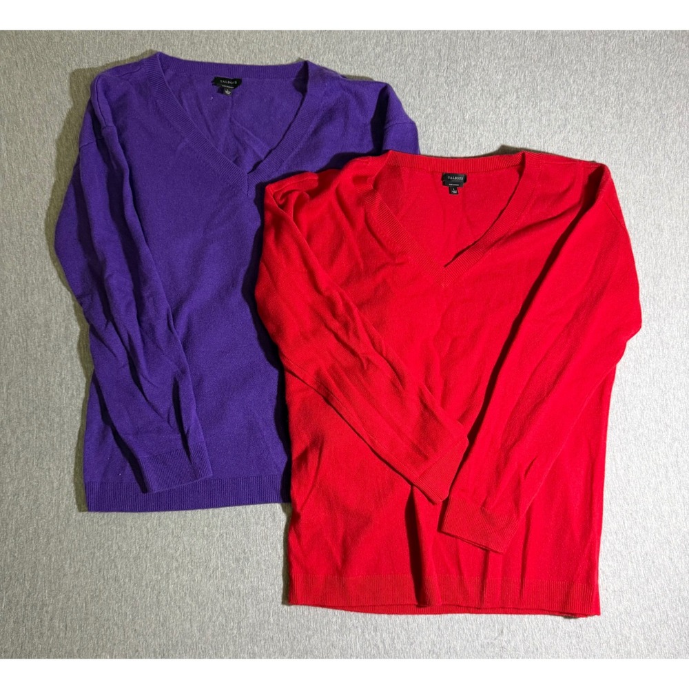 Talbots 100% Cashmere V-Neck Sweater Bundle Red Purple Size Large 2 Pack